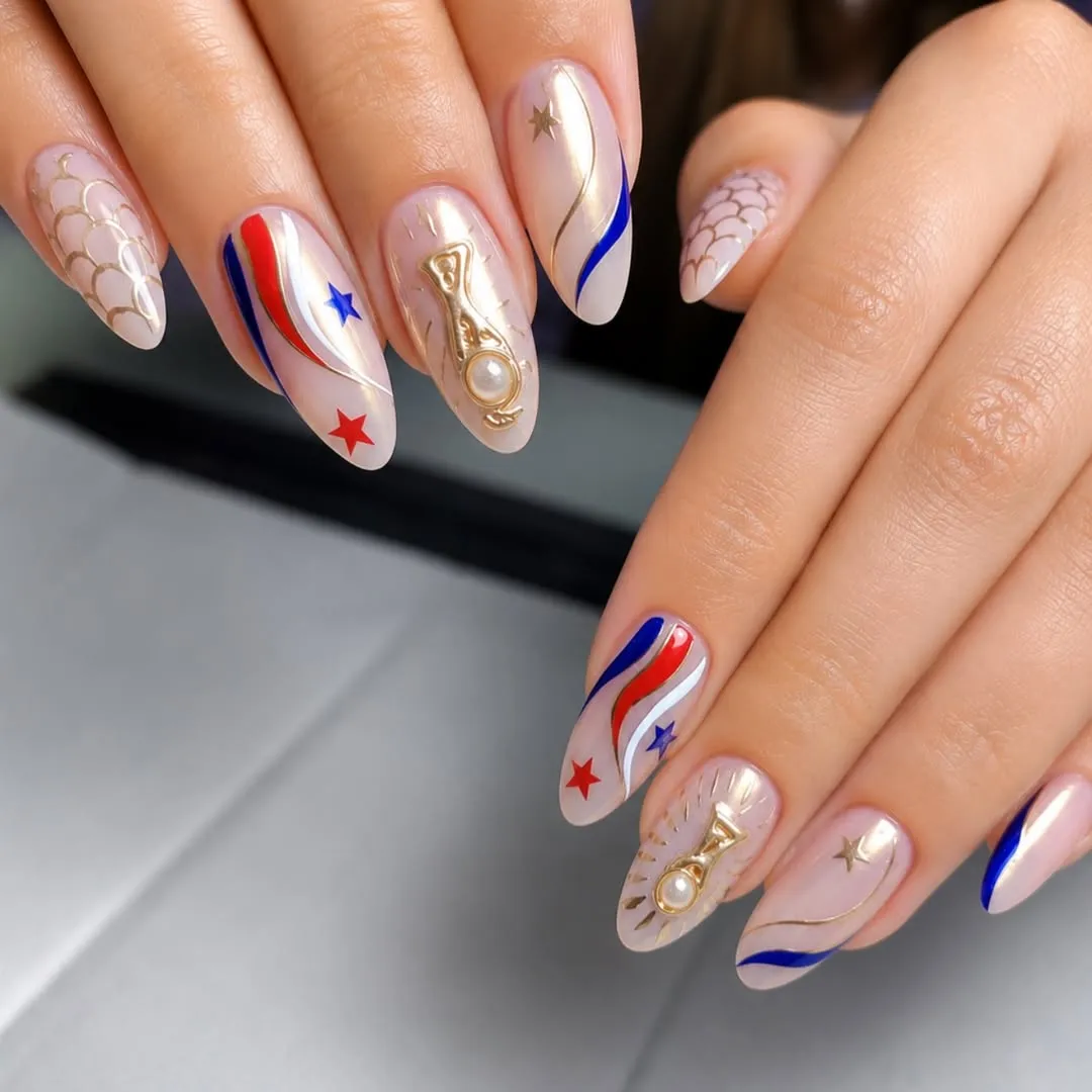 Swirling red/blue lines with gold 3D embellishments