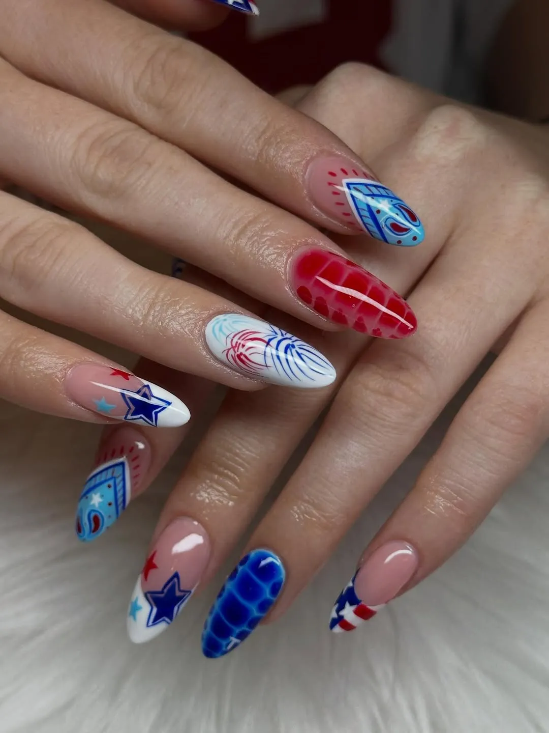 Mixed graphic set with fireworks lines and blue scale pattern