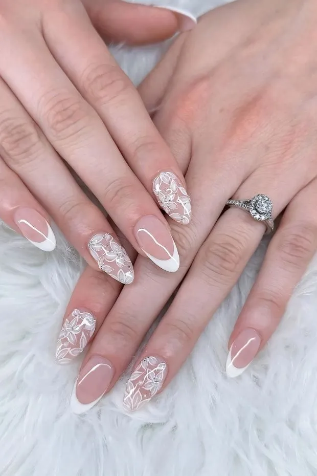 French tips mixed with white floral overlays