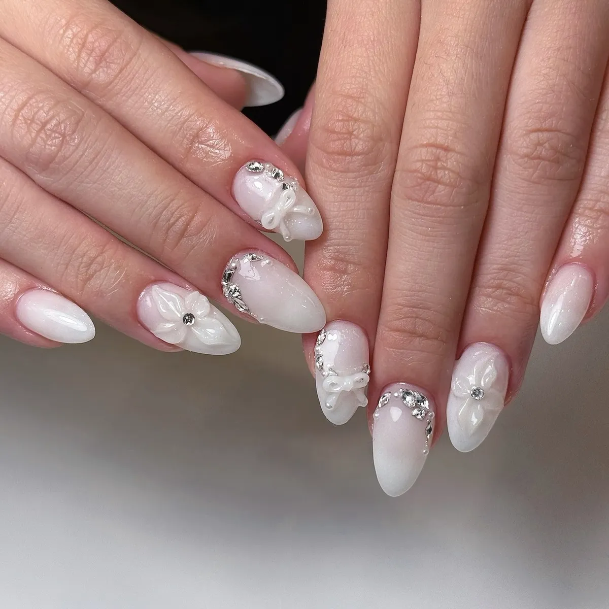 Milky white set with 3D bows and crystals