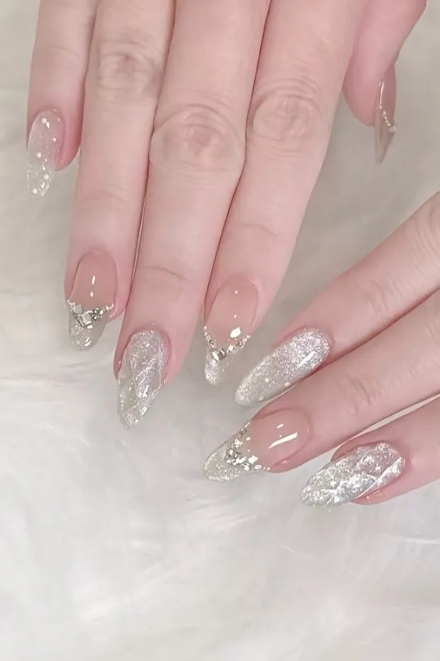 Nude and silver glitter ombré tips