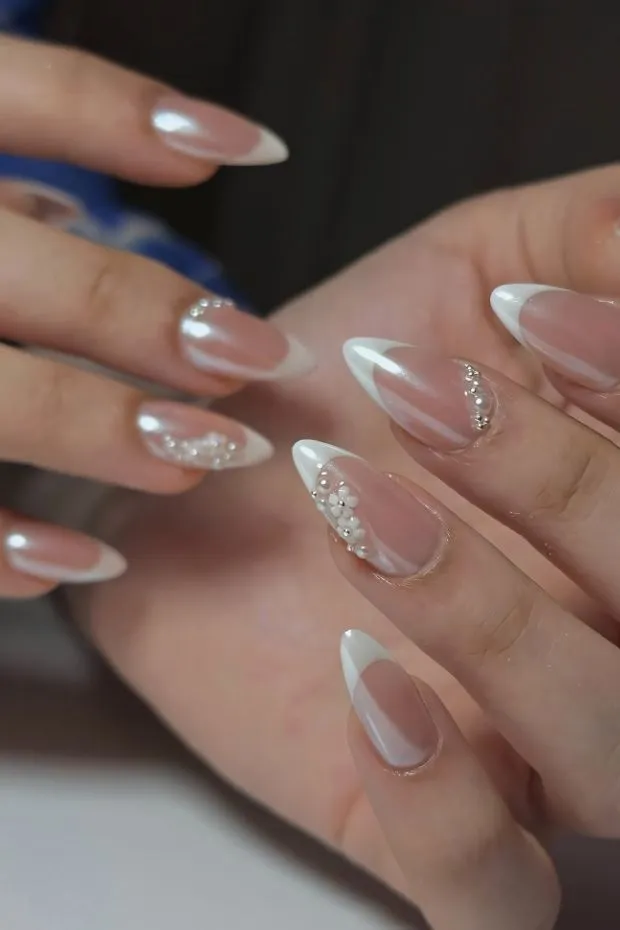 Classic French Tips with Crystal Lines