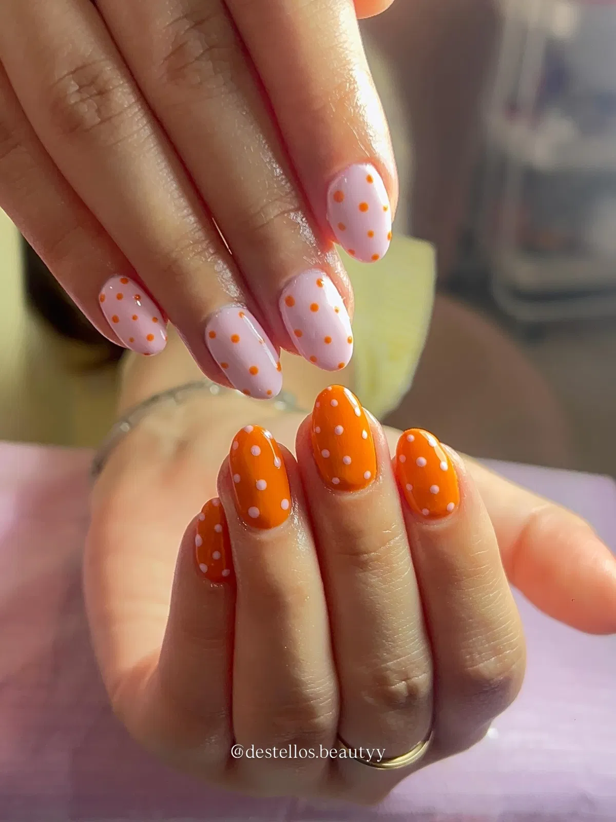 Two-tone polka dots: orange-on-pink and white-on-orange