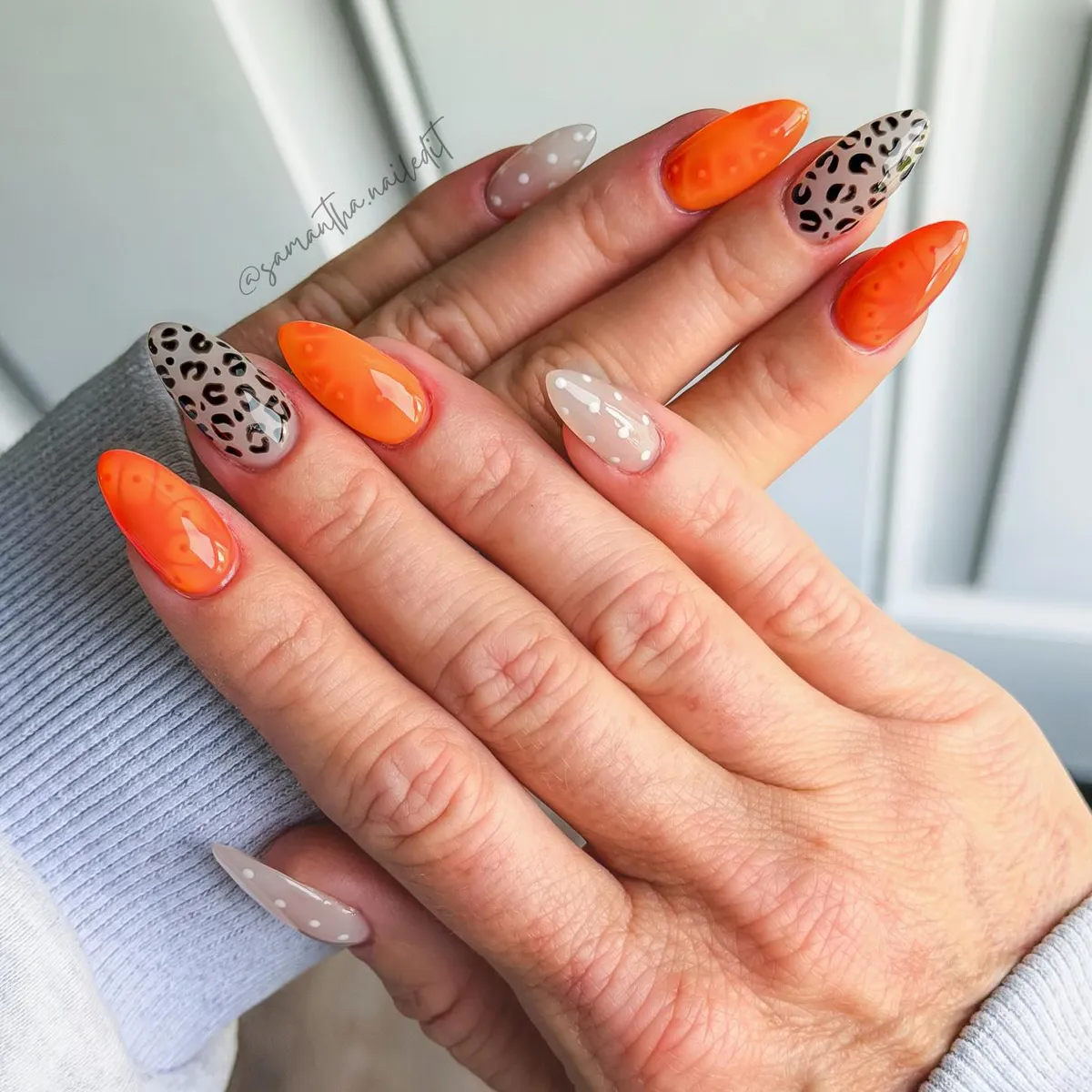 Orange and nude mix with polka dots and leopard-style print