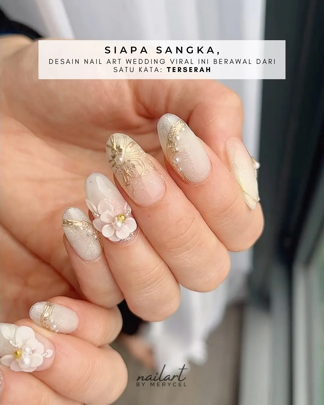 Silver glitter ombré tips with raised white floral accents