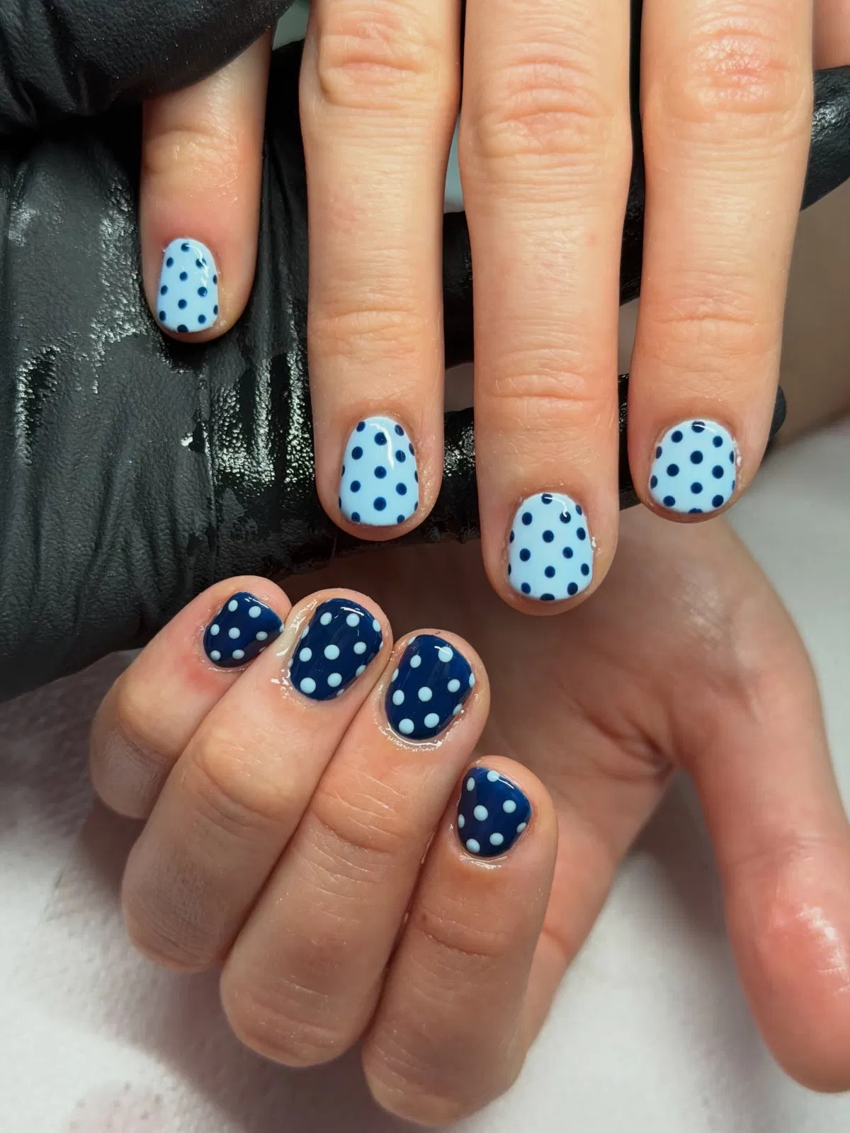 Two-tone polka dots: light blue and navy sets