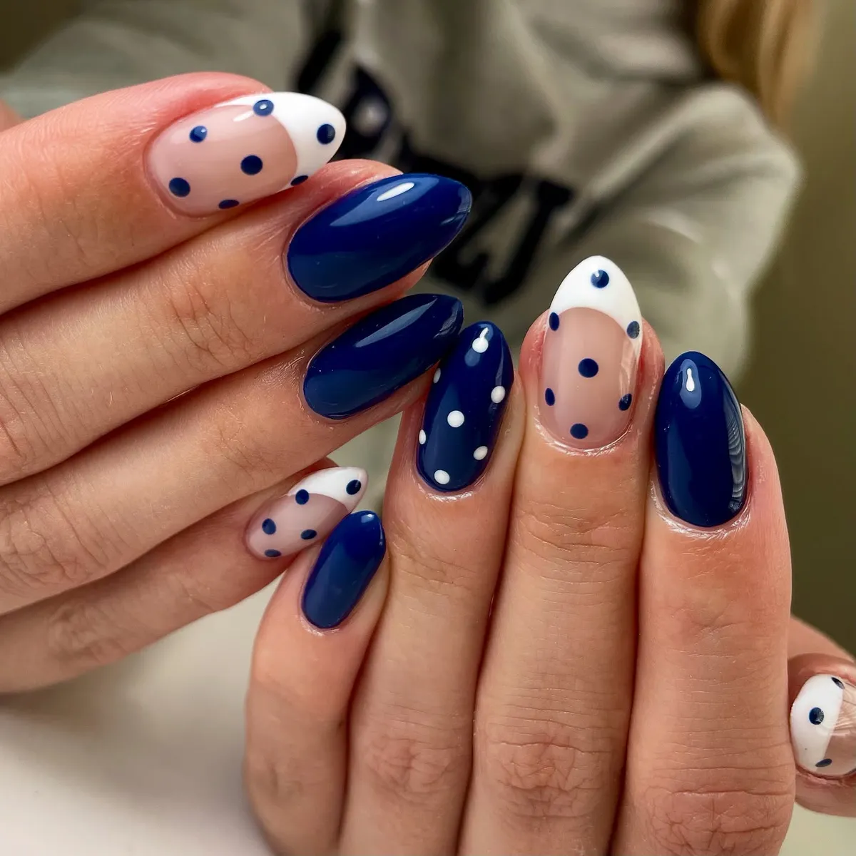 Navy solids mixed with polka-dot French tips