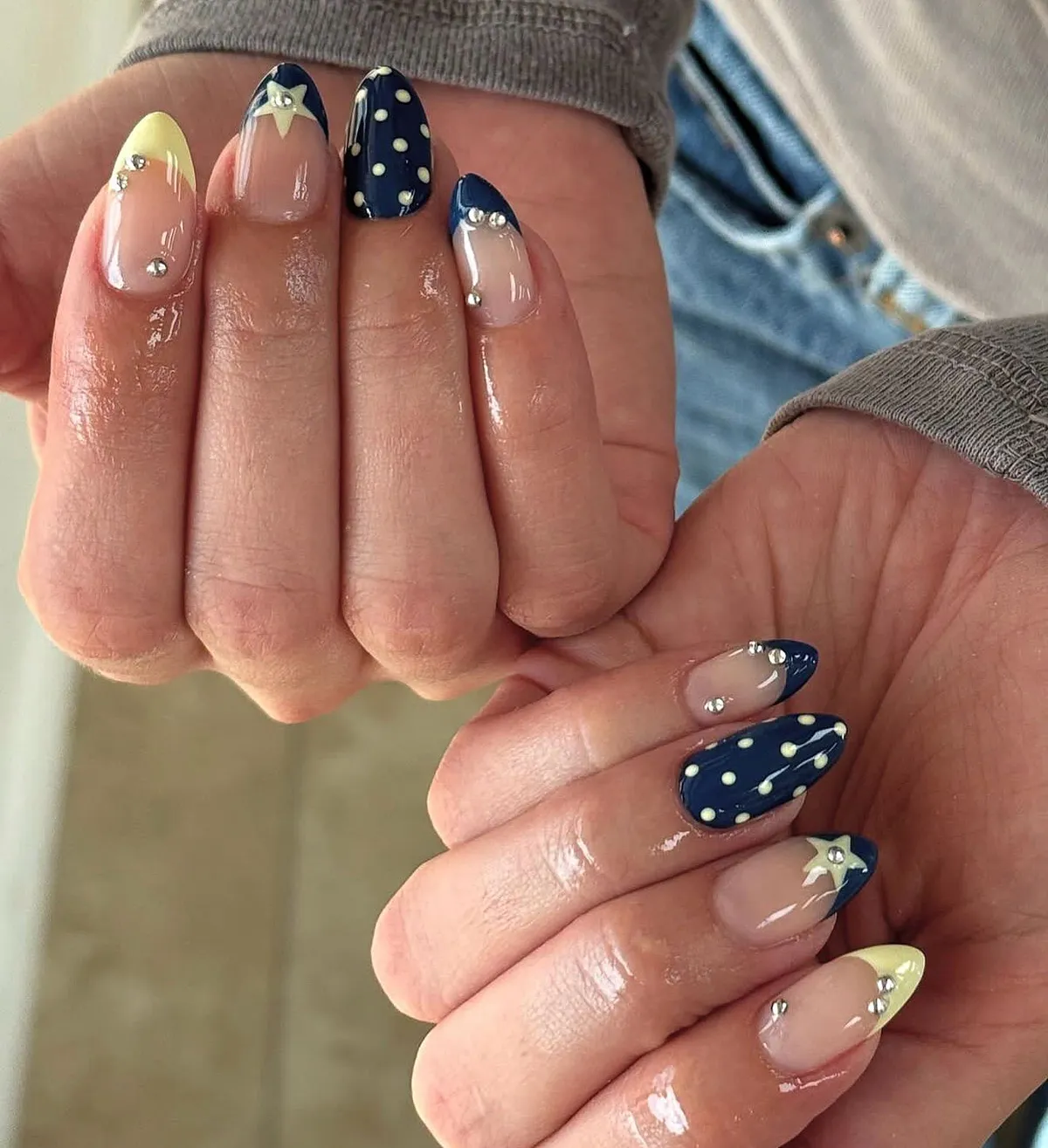 Navy and Yellow Tipped Set with Dotted Navy Accent Nail