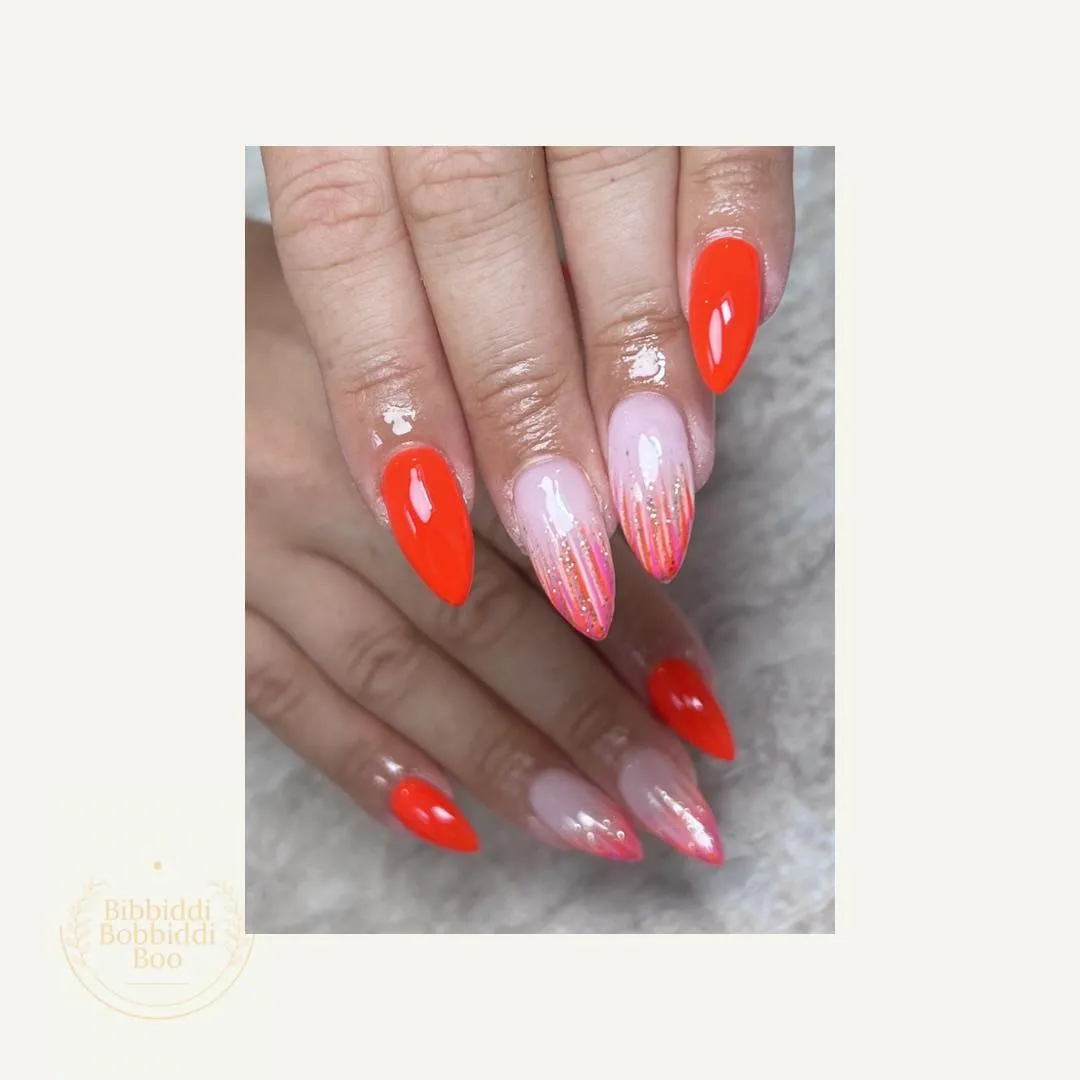 Bright orange-red solids with glittery orange streak accents