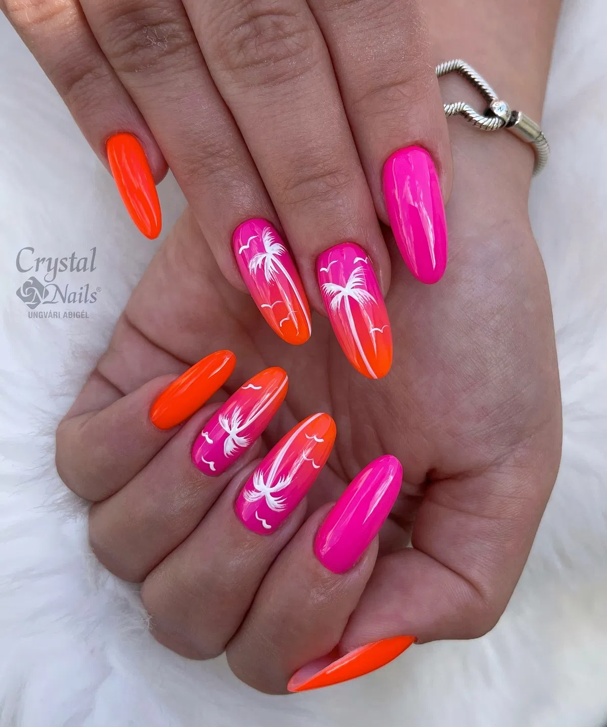 Neon pink and orange with white palm silhouettes