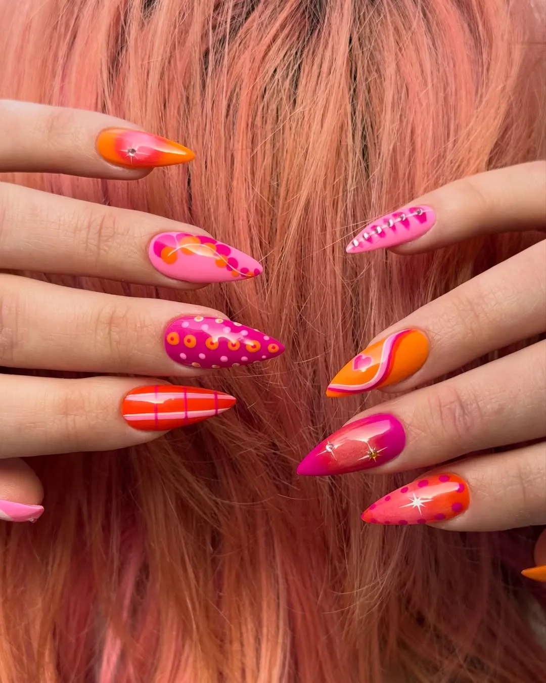 Mixed neon patterns with studs and grid accents