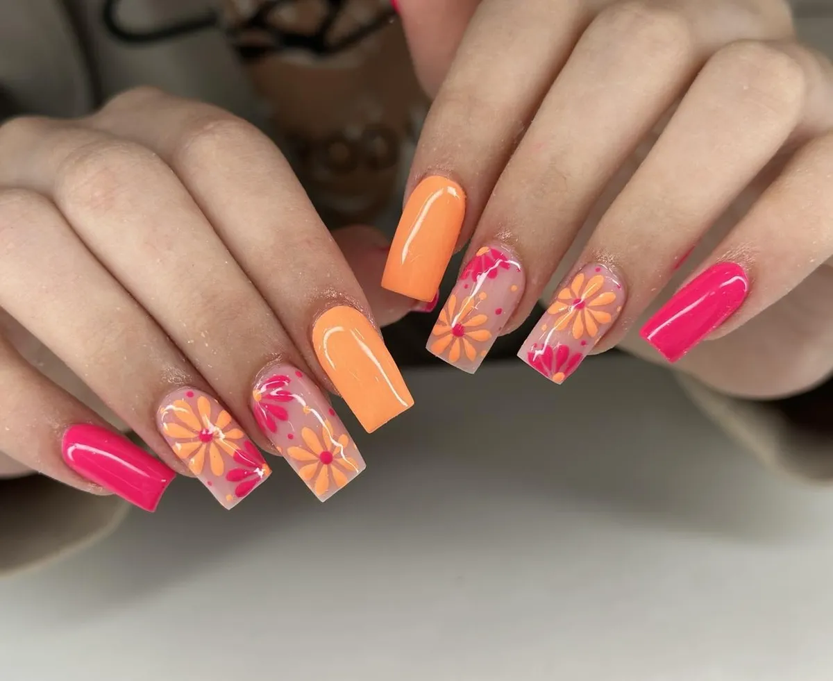 Glossy peach-orange and hot pink mix with floral art