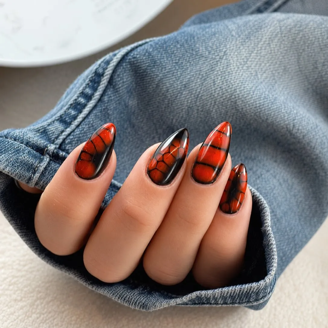 Orange-red panels with black web-like lines