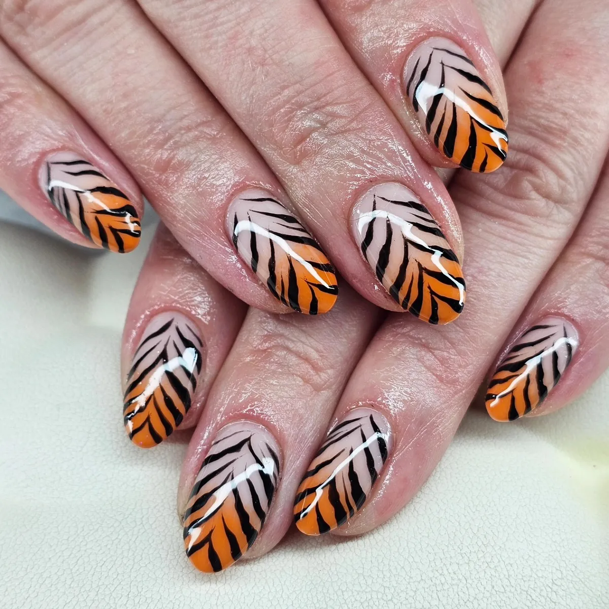 Nude Base with Black Stripes and Orange Tips