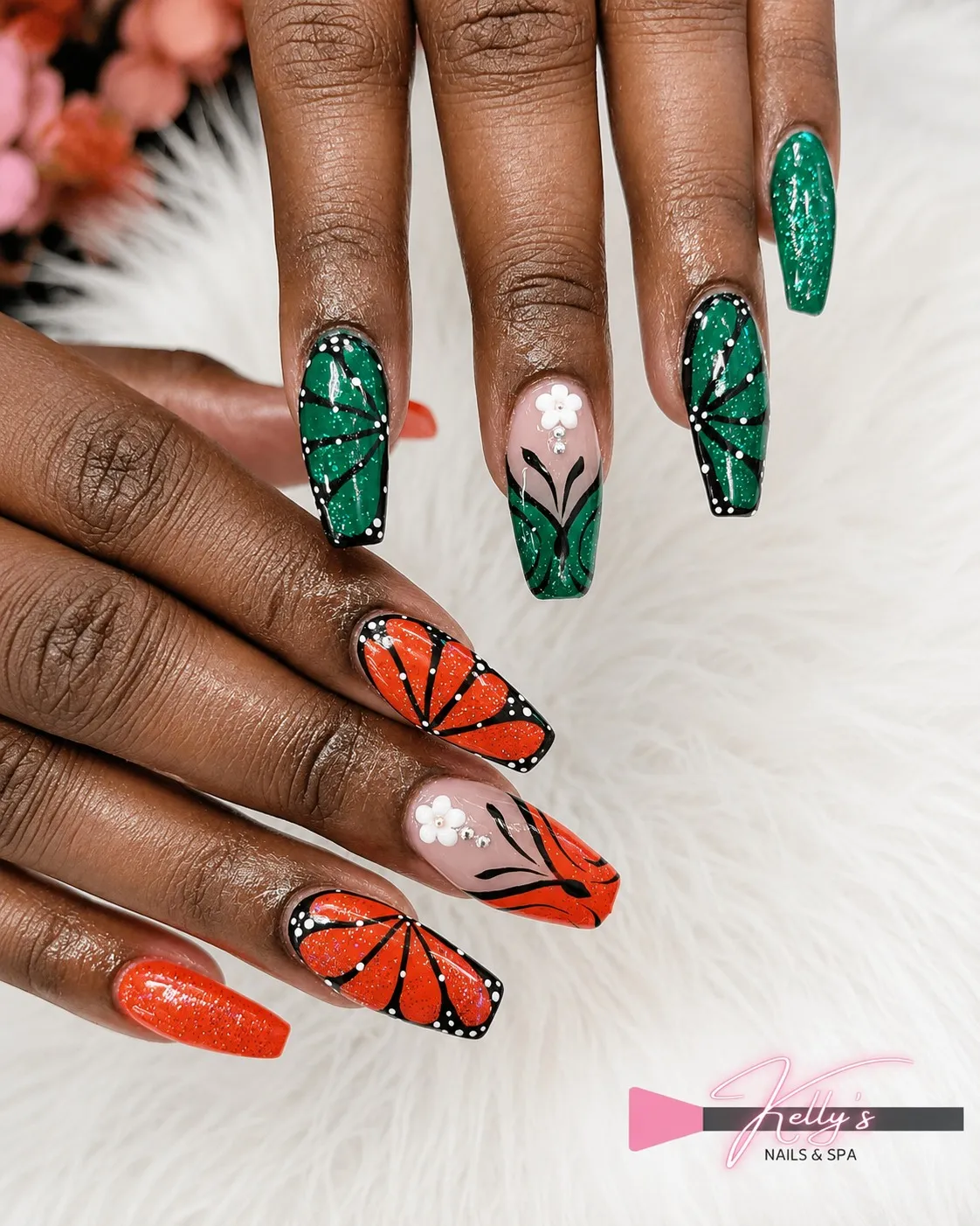 Orange and green with black linework and 3D flowers