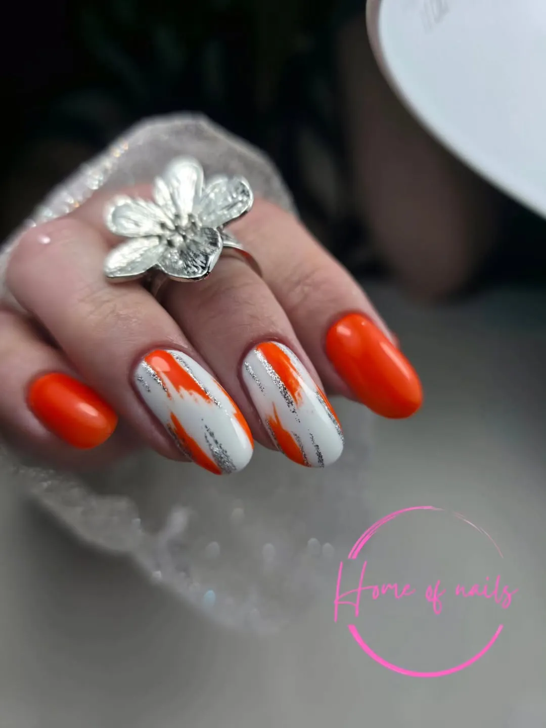 Orange solids with white-and-silver streak accents