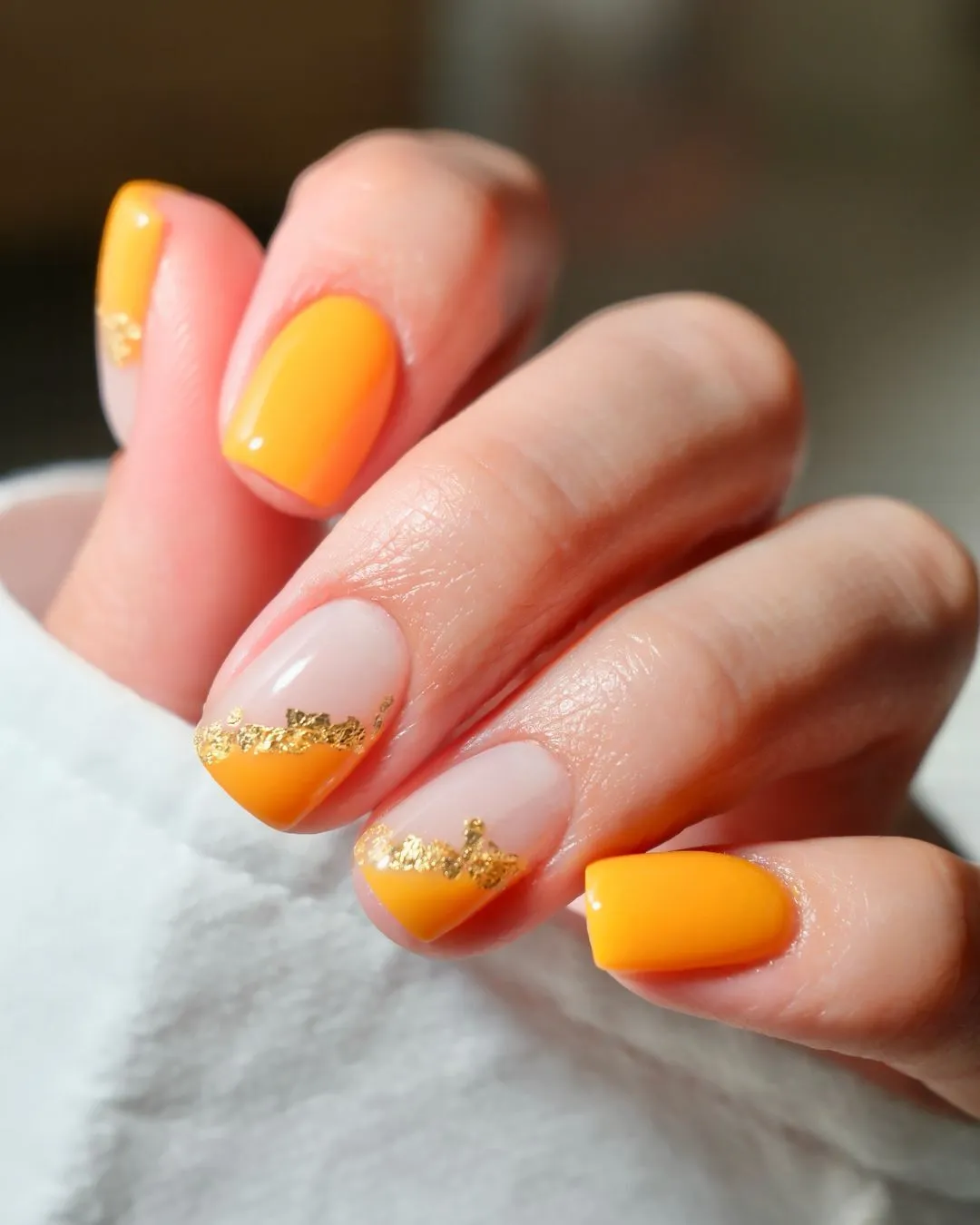 Orange diagonal French tips with gold foil band