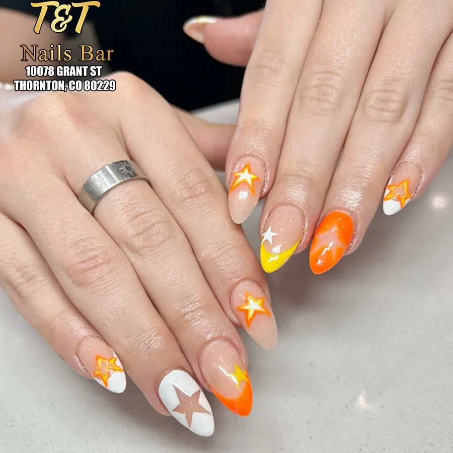 Star accents with orange and white details