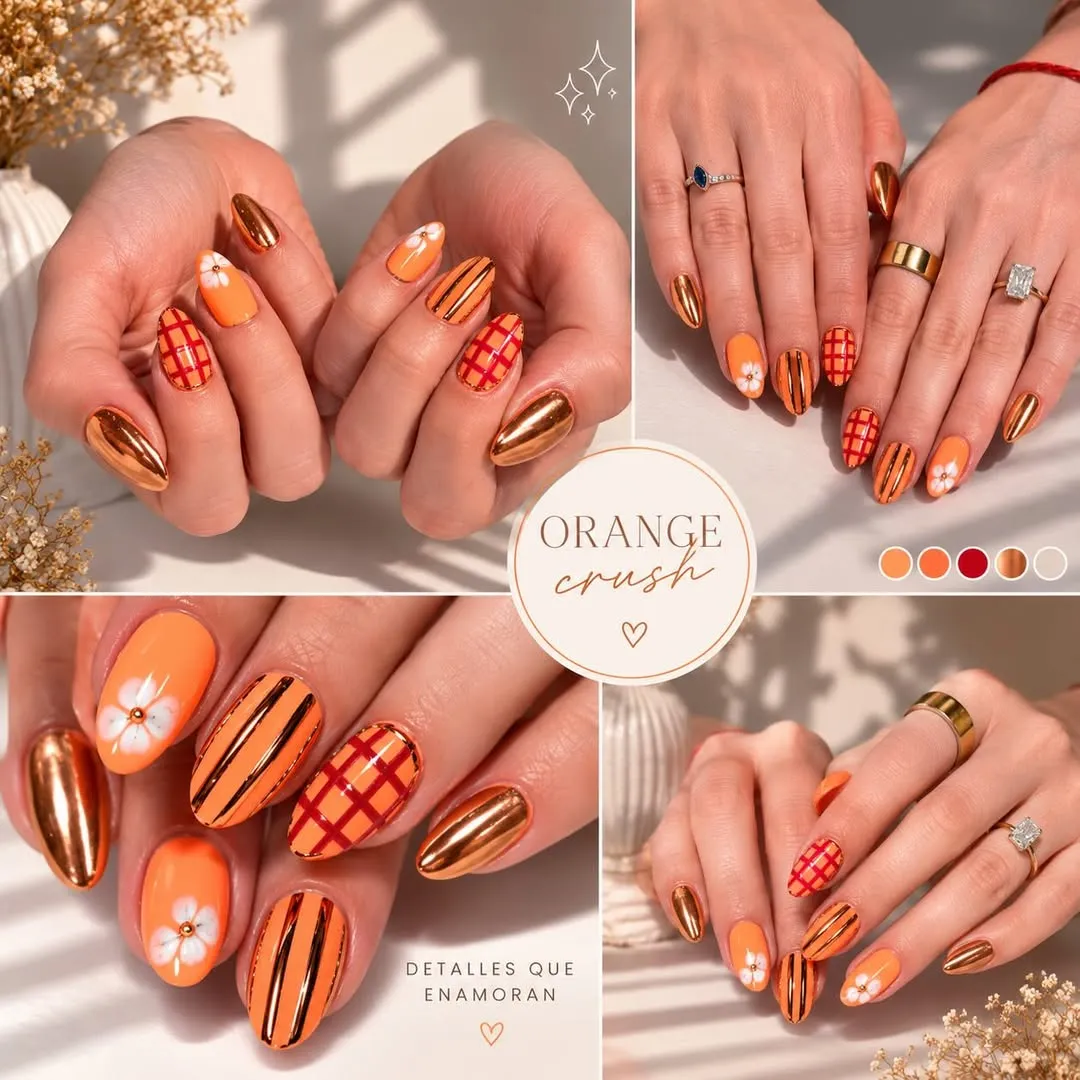 Copper metallic and patterned orange nails (plaid, stripes, flowers)