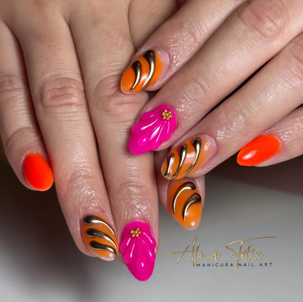 Orange and gold wavy accents with hot-pink 3D flowers