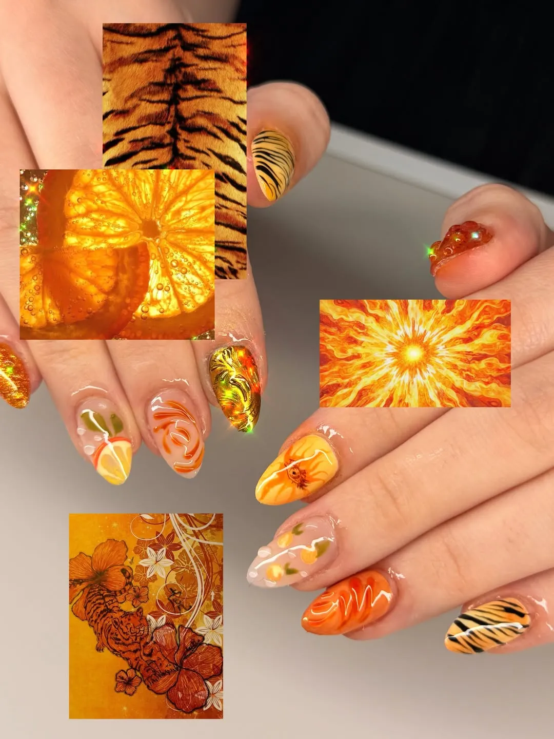 Orange mix-and-match set with tiger stripes, glitter, and swirls