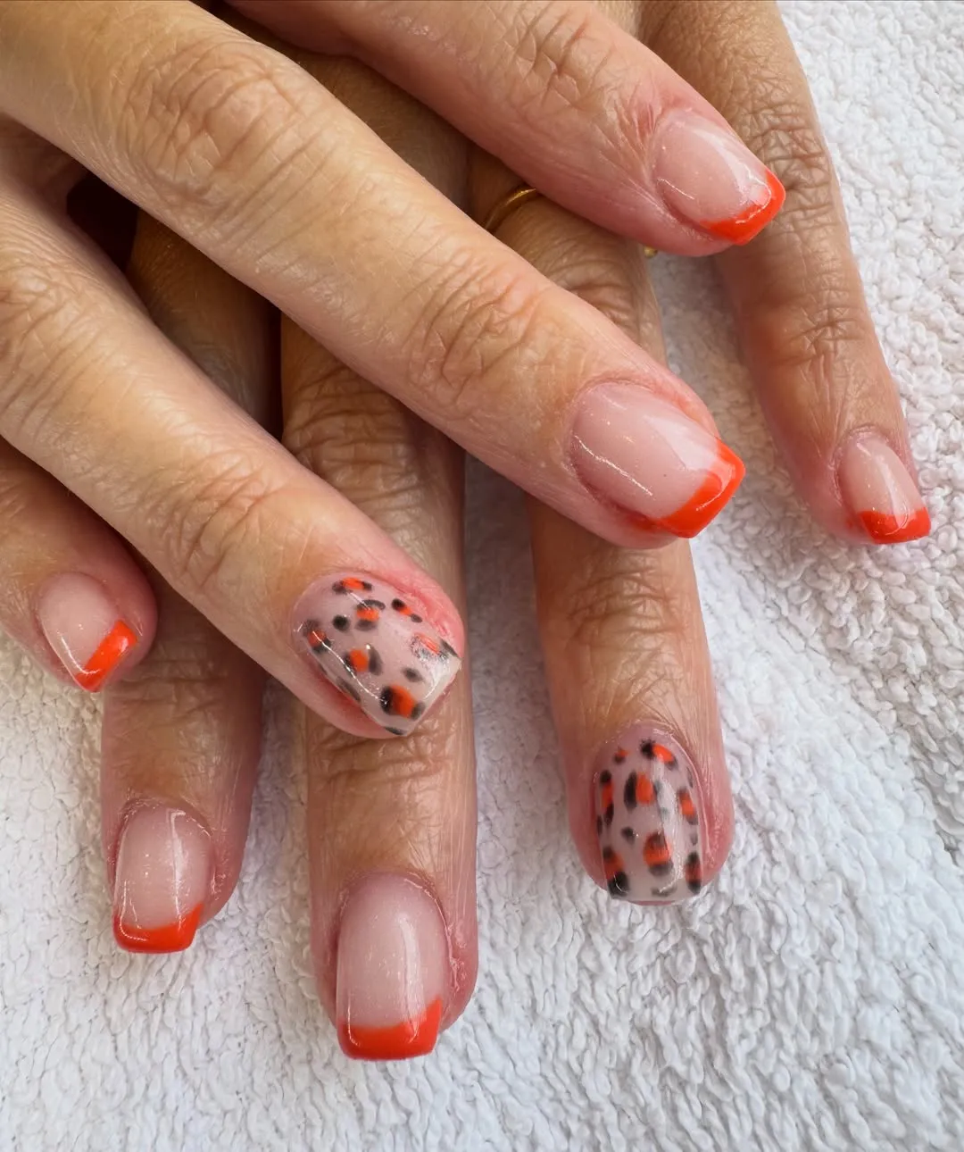 Short Square Orange French Tips with Leopard-Spot Accents