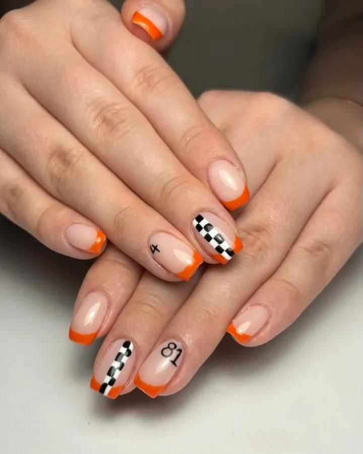 Orange French Tips with Checkerboard and Number Accents