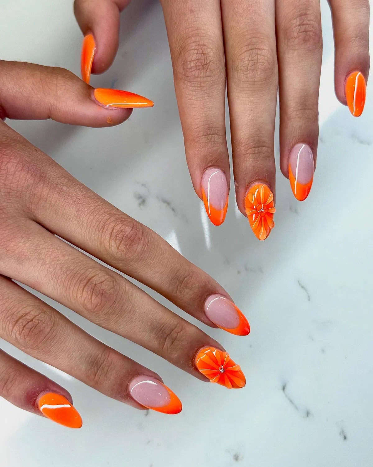 Swooped Orange French Tips with Raised Flower Accents