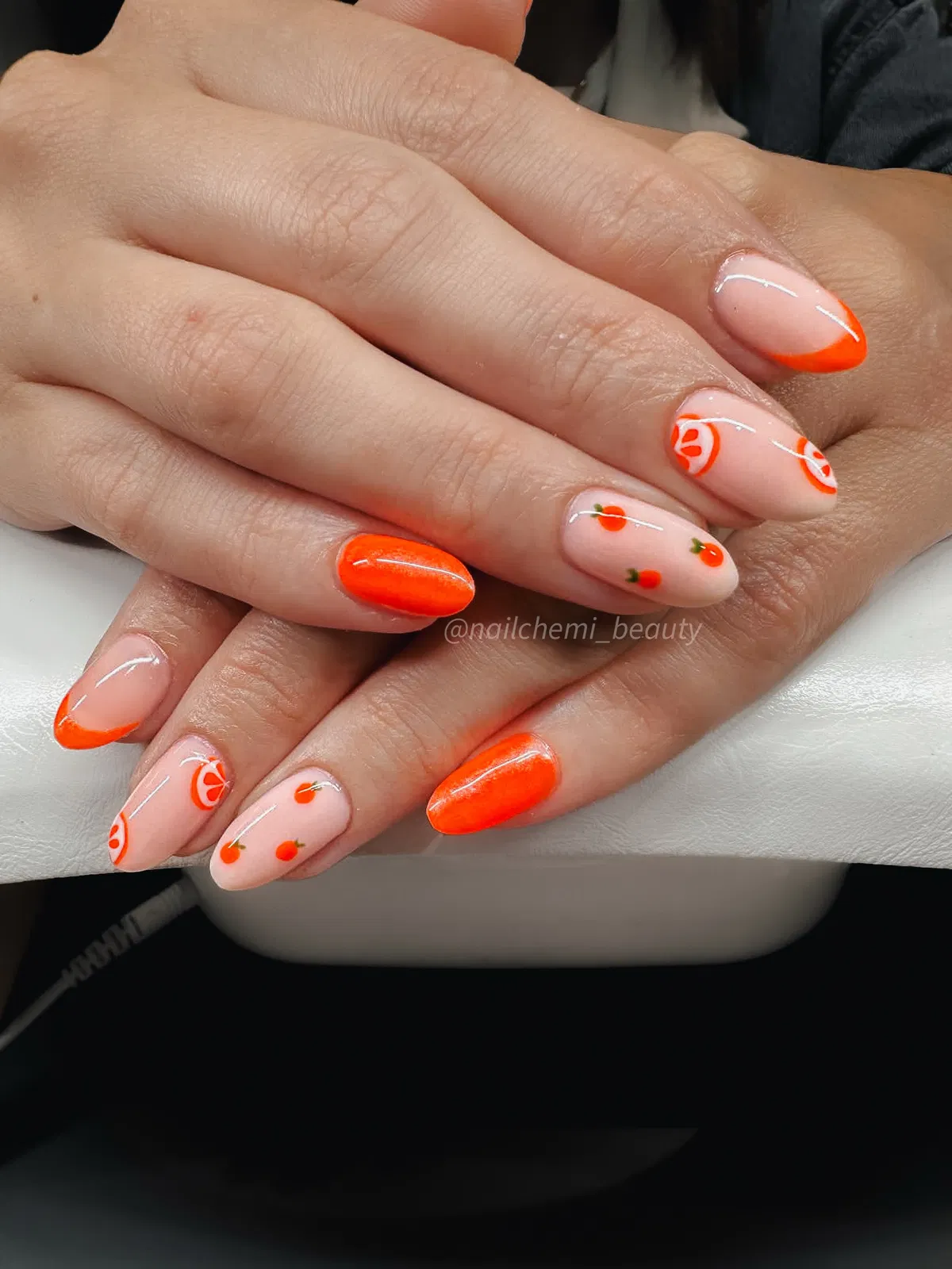 Orange French Tips with Citrus-Inspired Mini Motifs