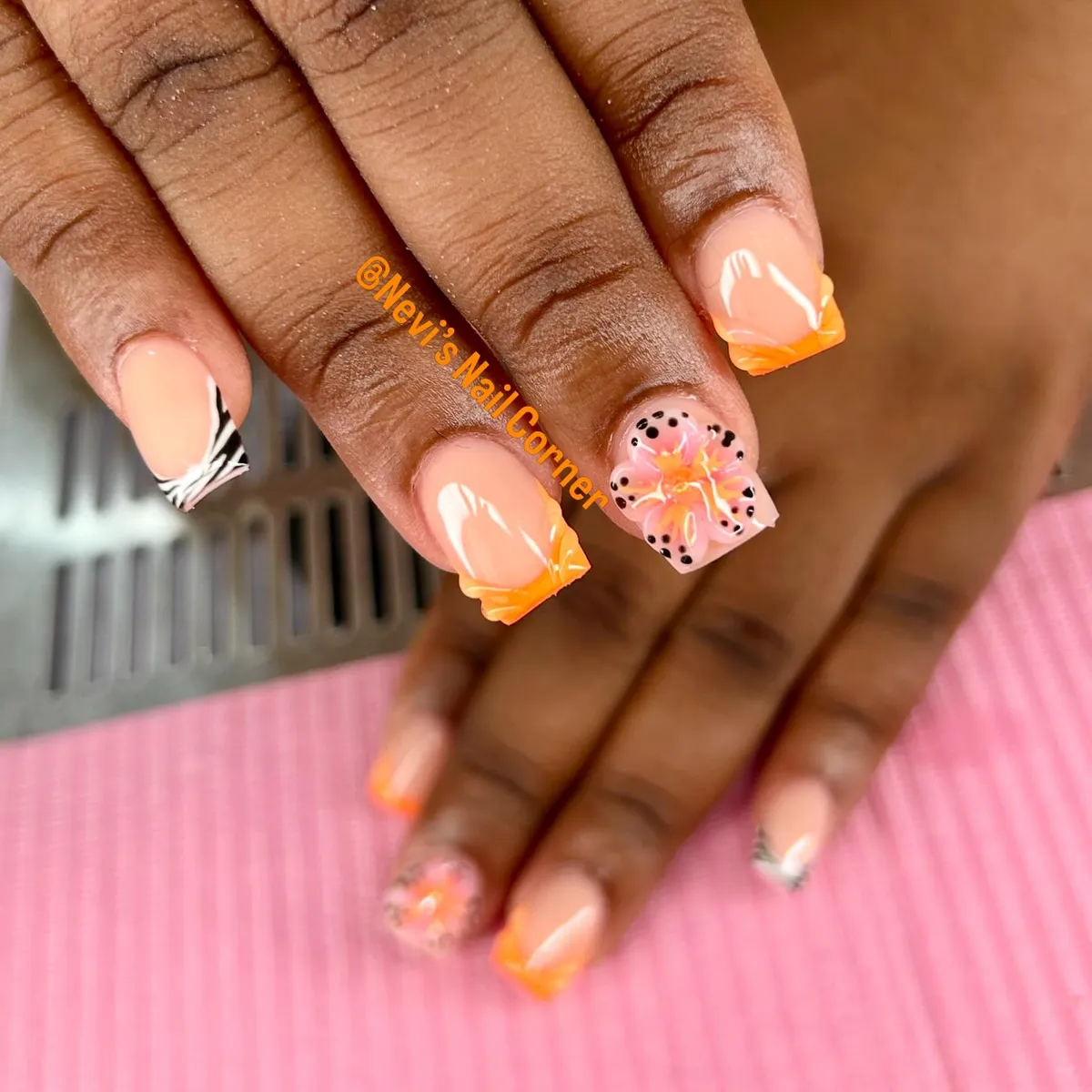 Square Orange French Tips with Zebra and Floral-Dot Accent