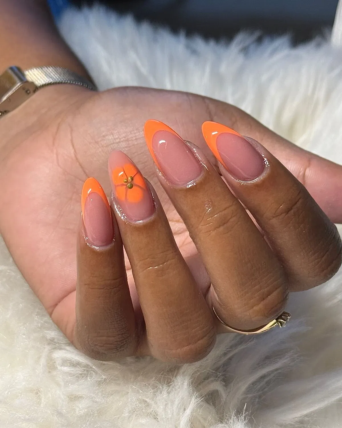 Neon Orange V-French with a Floral Accent