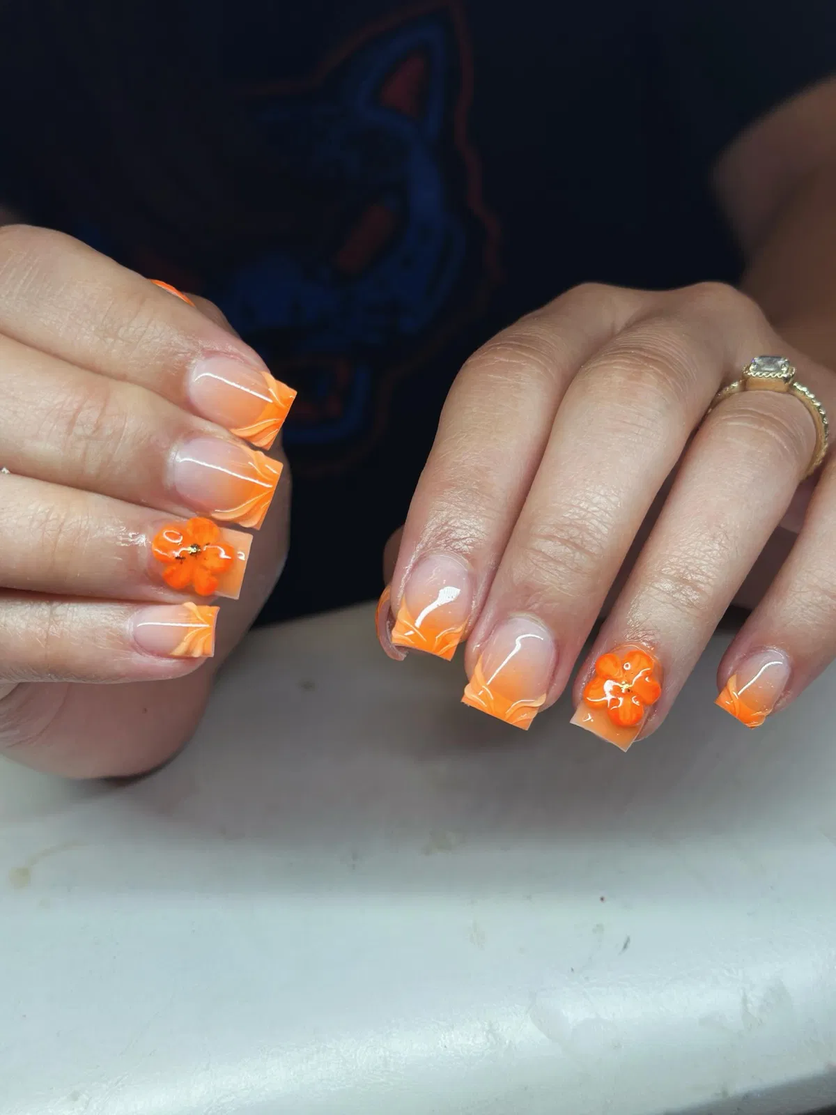 Orange French Tips with White Swirls and 3D Orange Flowers