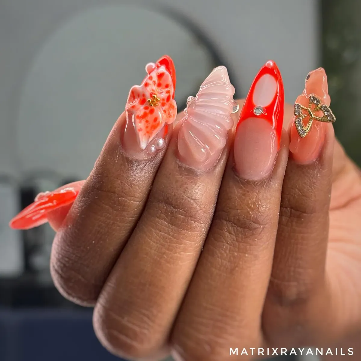 Orange-Red French Outlines with 3D Shell and Butterfly Charm