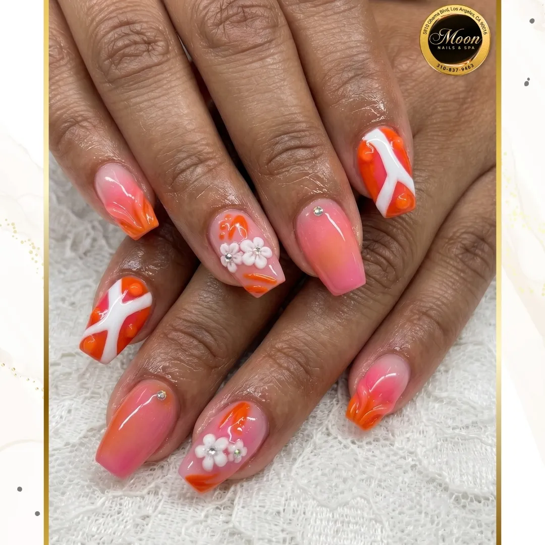 Pink-Orange Ombre with White 3D Flowers and Abstract Accents