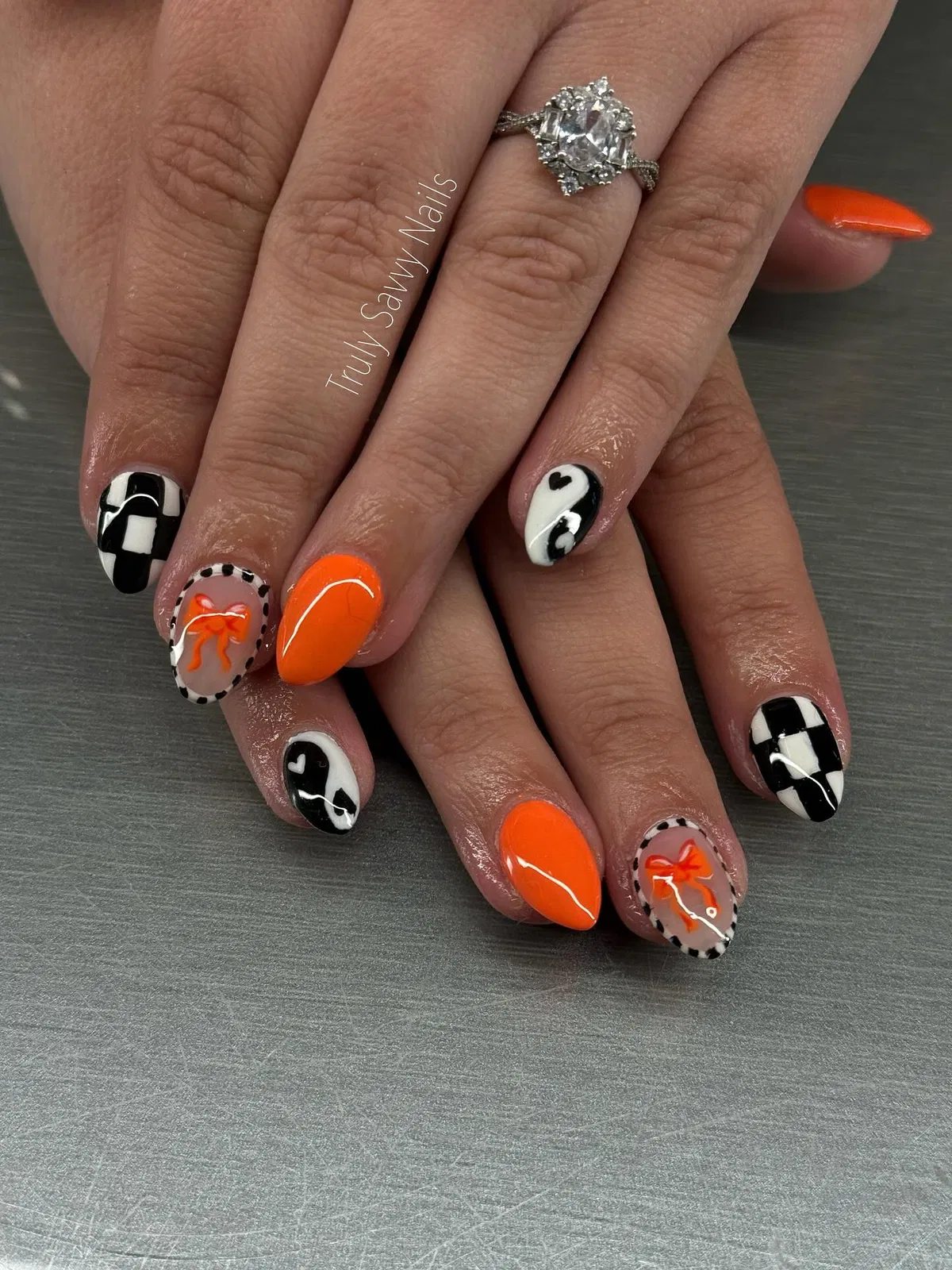 Bright Orange with Checkerboard, Bows, and Yin-Yang Hearts