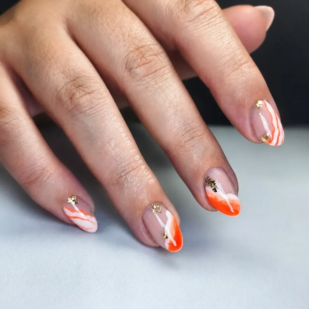 Minimal nude base with orange-white waves and gold foil accents