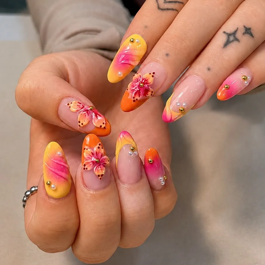 Sunset gradient tips with 3D florals and beads
