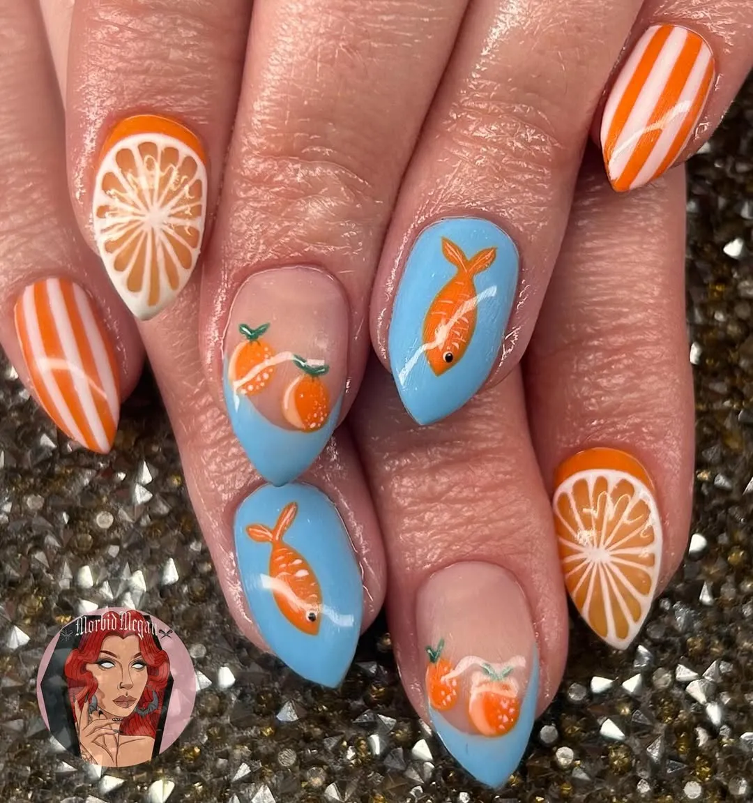 Blue-and-orange mix with fish and citrus art