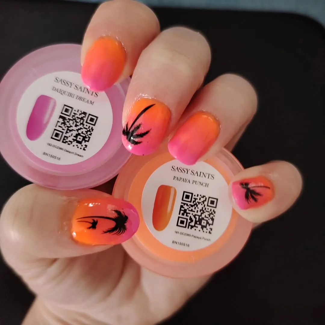 Orange-to-pink ombre with black palm silhouettes (with labeled containers)