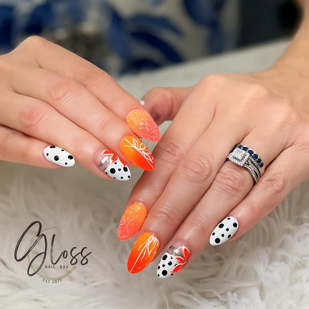 Orange ombre mix with polka dots and white line art