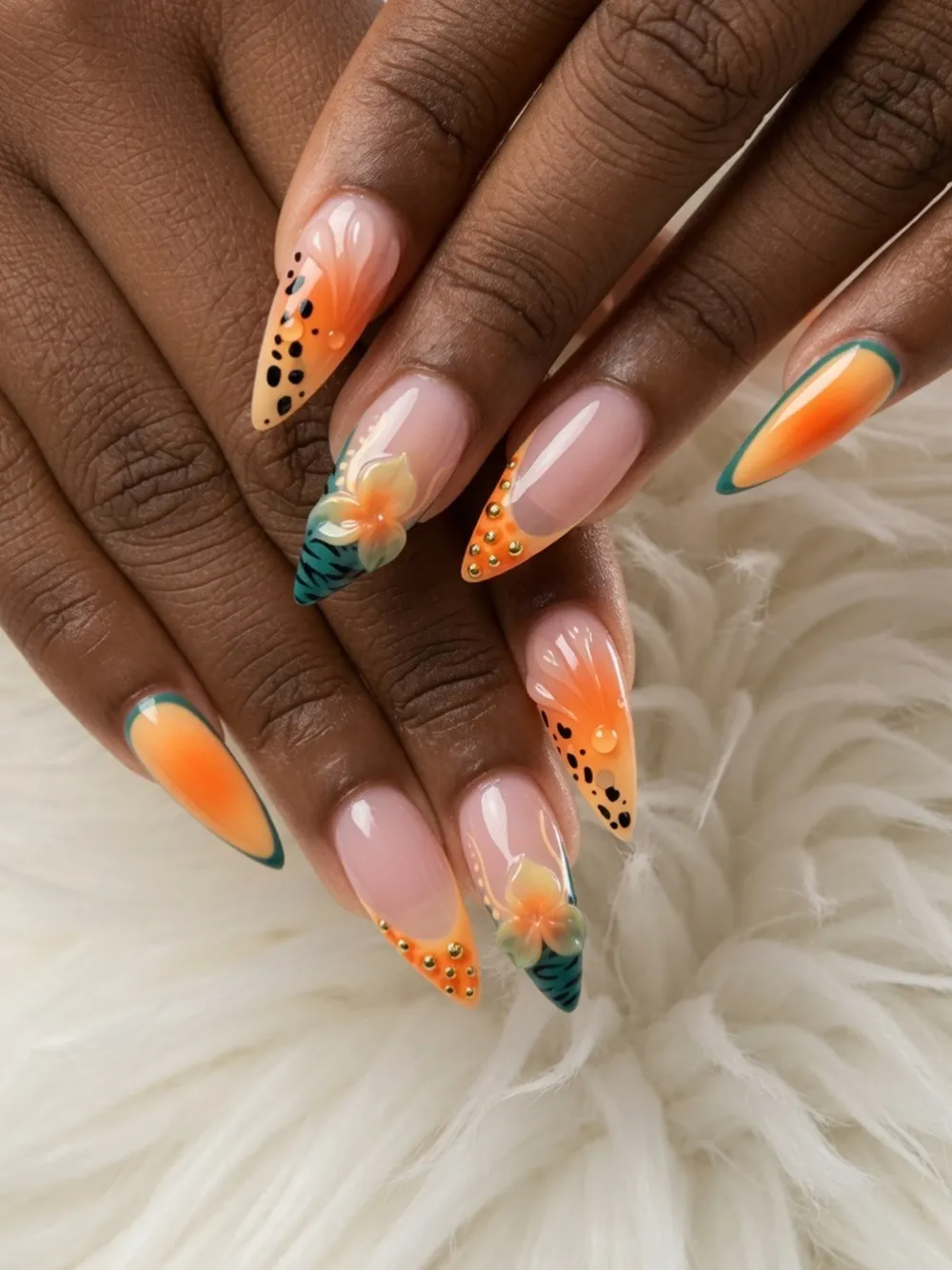Orange ombre stilettos with teal edging, dots, and 3D floral accent