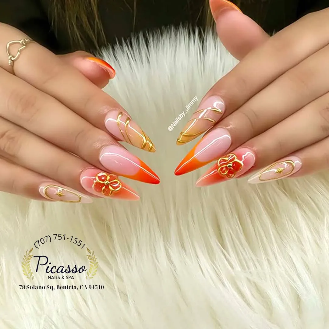 Pink-to-orange ombre with gold linework and raised floral accents