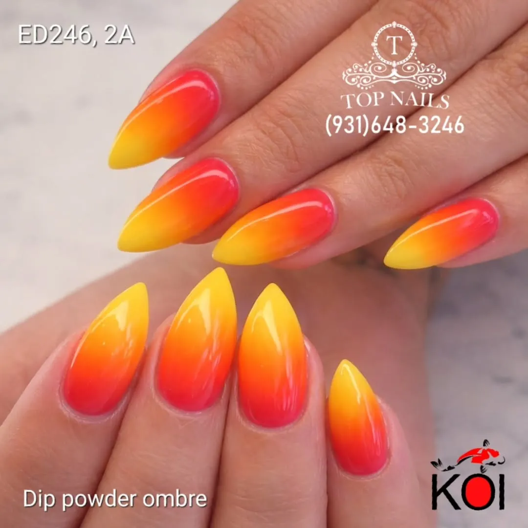 Red-orange-yellow ombre set with visible salon text overlay