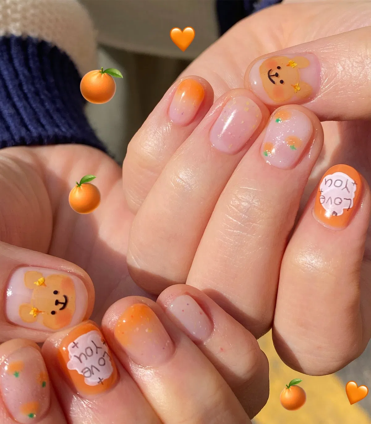 Sheer pink and pastel orange gradients with cute character and "Love you" text