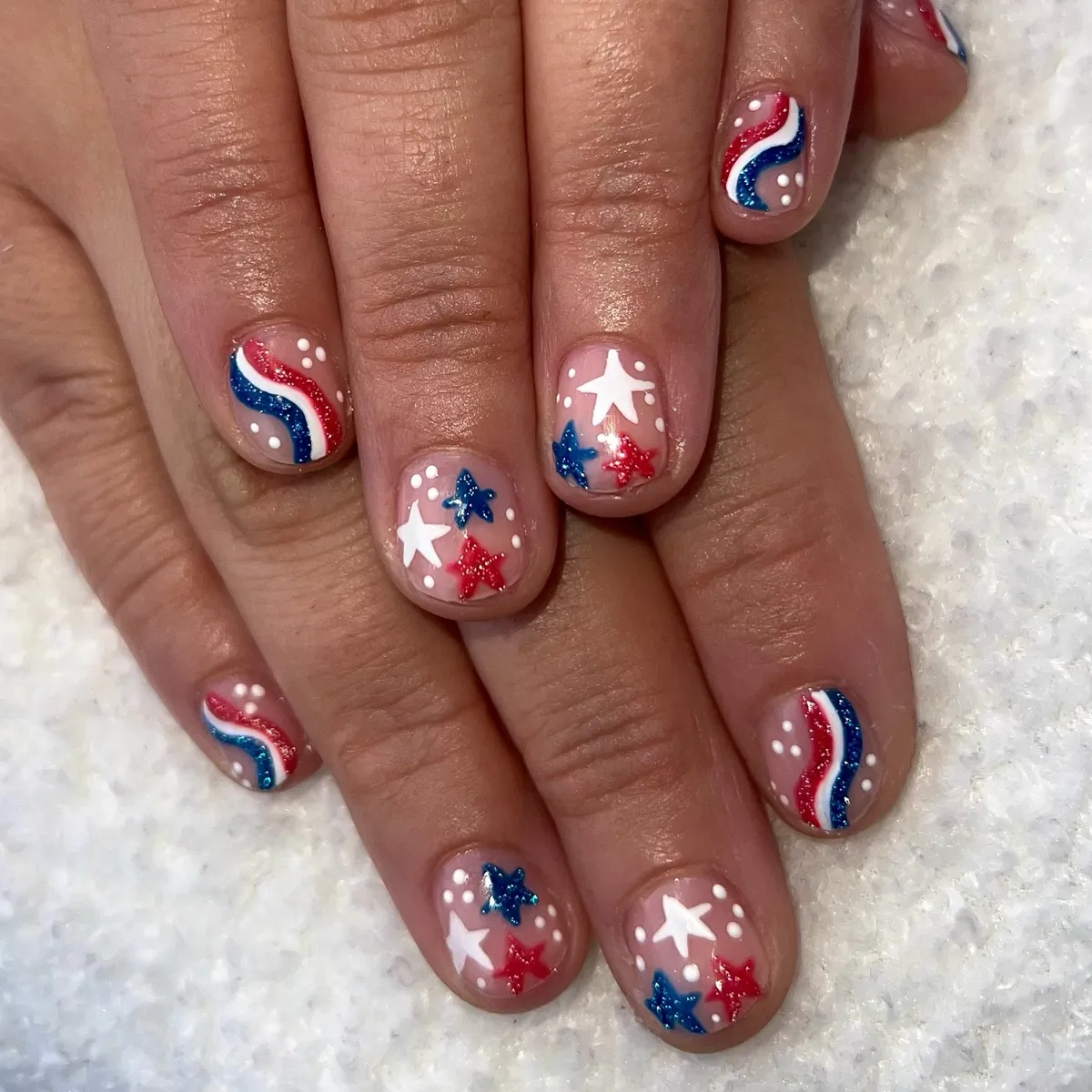 Short nude set with wavy stripes, dots, and glitter stars