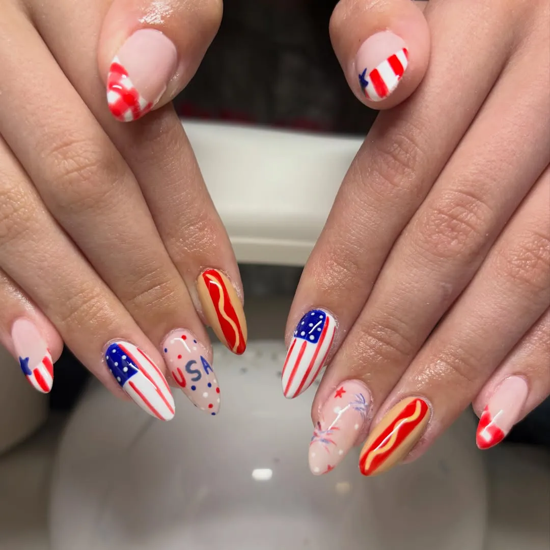 Graphic almond set with "USA" text, stripe blocks, and firework-style accents