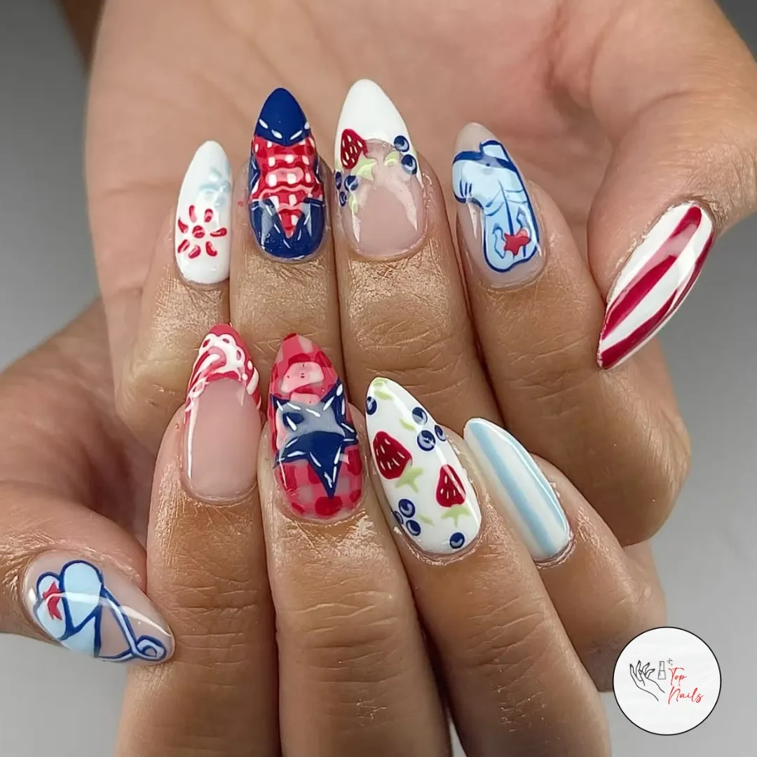 Almond set with stripes, gingham, star accent, fruit motifs, and a boot illustration