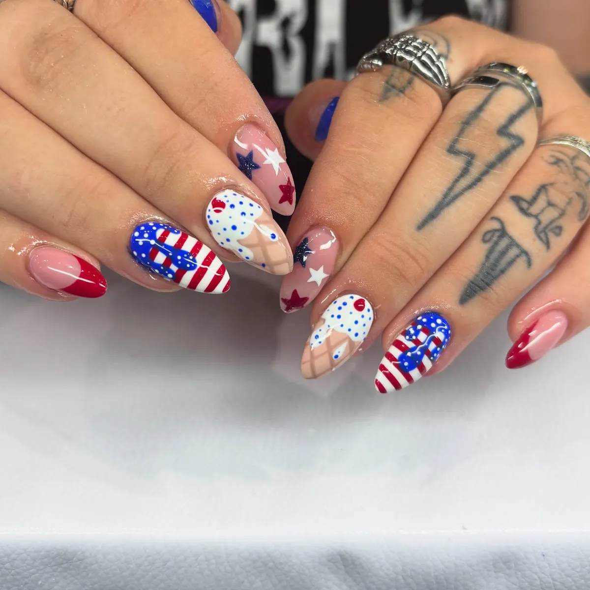 Stiletto mix with striped accents, stars, and ice-cream illustrations