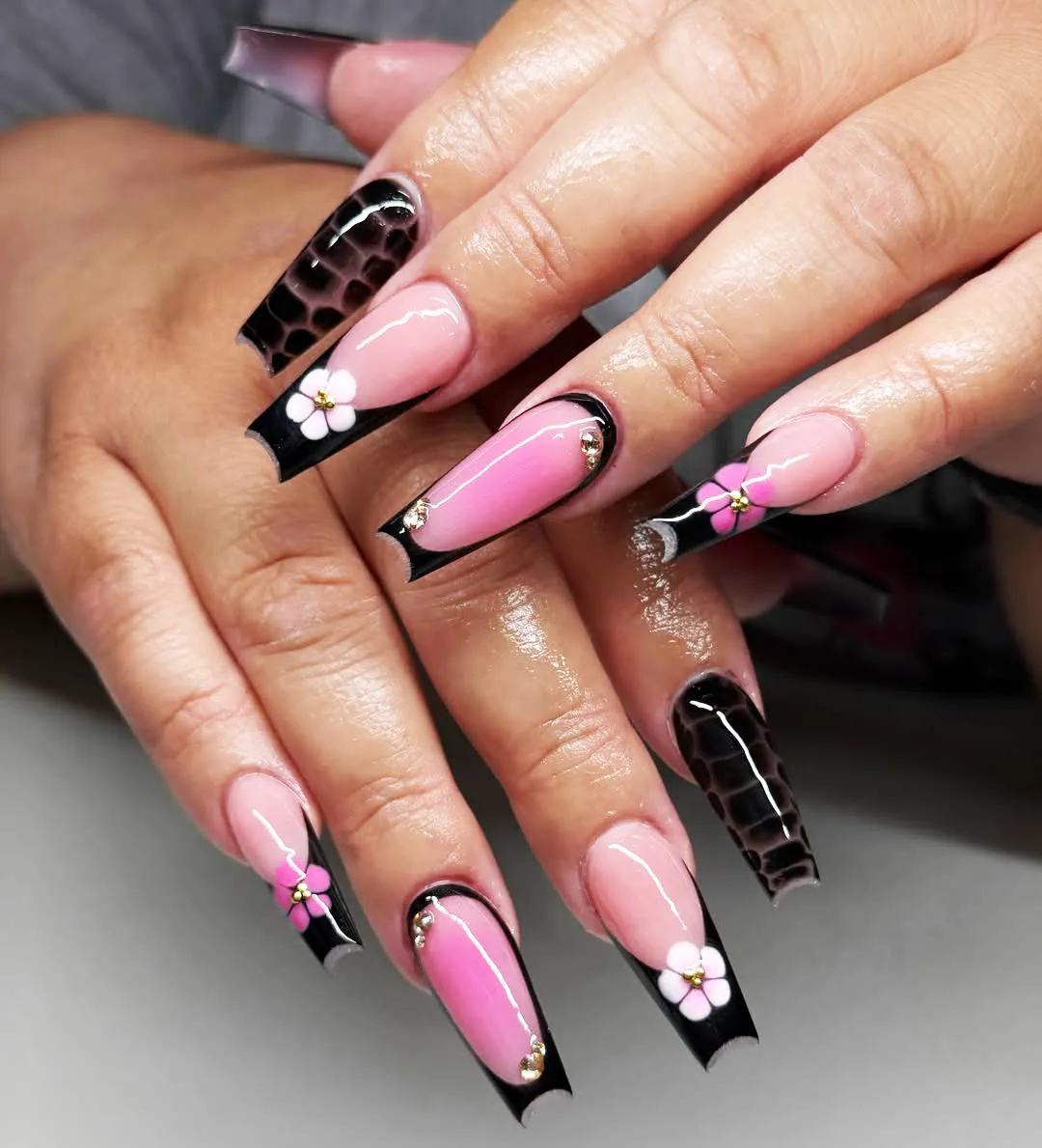 Black-Framed Pink Ombre with Small White Flowers and Leopard Accents