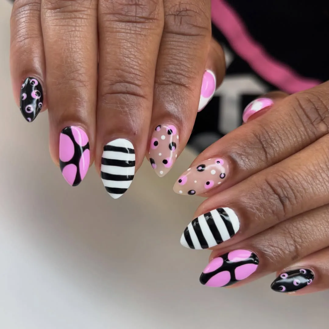 Graphic Mix: Stripes, Polka Dots, and Pink-on-Black Circles
